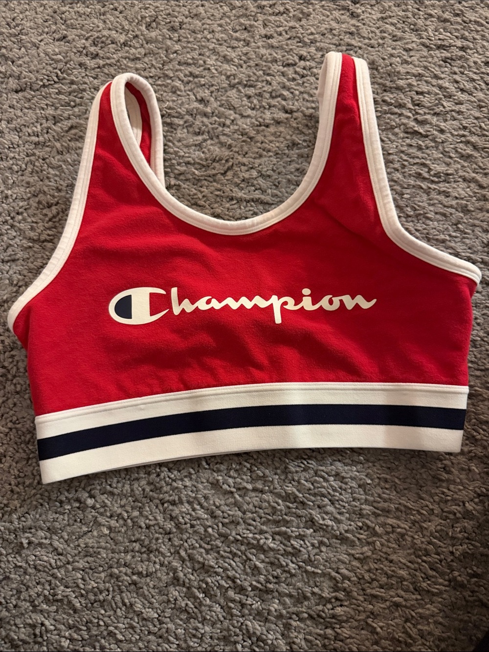 Champion Red Crop Tank with White Trim and Navy Stripe